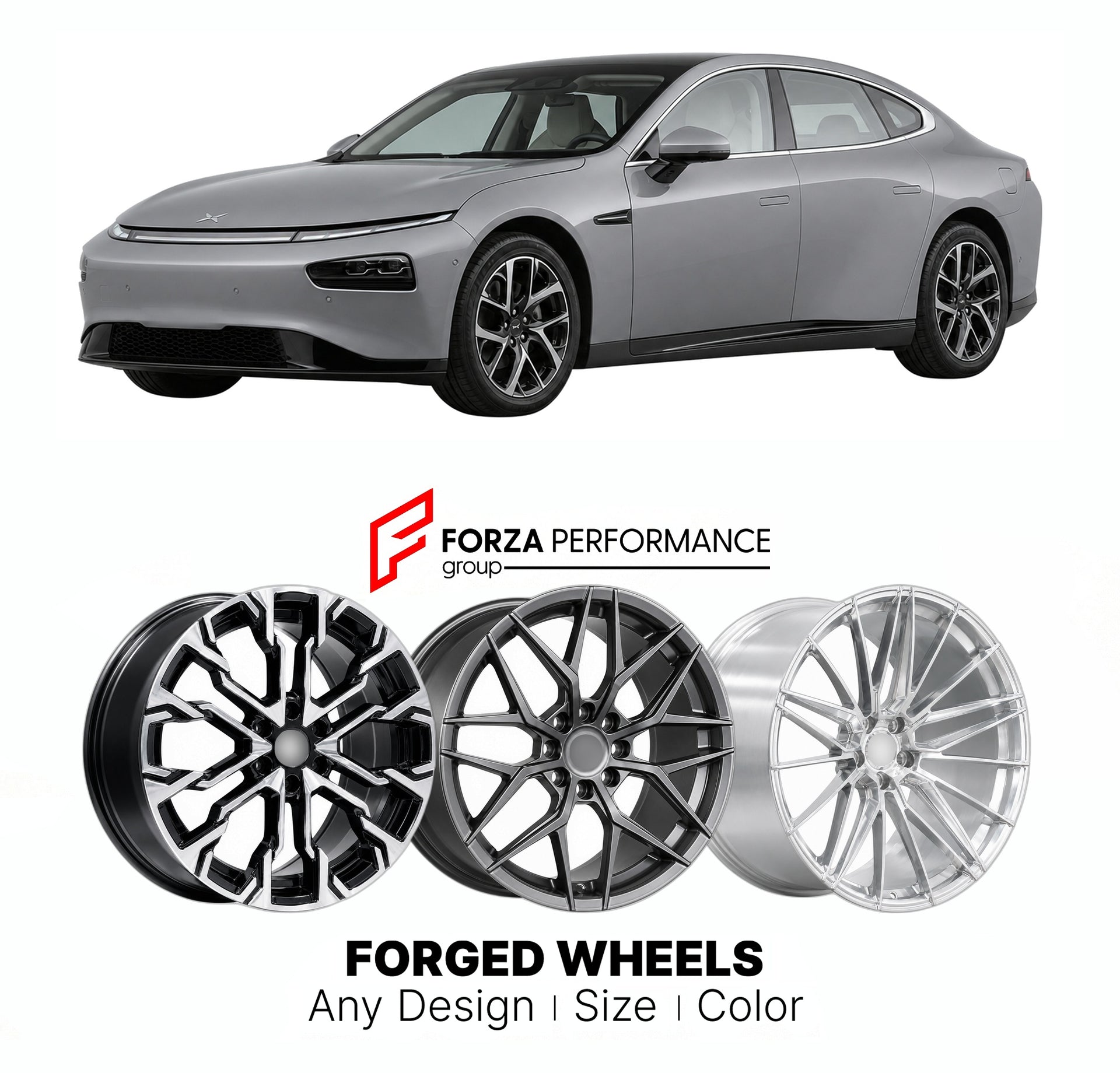 Custom forged wheels for XPeng P7 2020+. Made-to-order monoblock, 2-piece and 3-piece wheels in custom sizes, offsets, colors and finishes with guaranteed vehicle fitment.

We manufacture premium quality forged wheels rims for XPeng P7 2020+ in any design, size, color.

THIS WHEEL DESIGN CAN BE CUSTOM-MADE FOR YOUR CAR IN ANY SIZE AND COLOR OPTIONS
Available in monoblock, 2-piece, 3-piece, duoblock, beadlock
3D wheel renderings are provided according to the exact dimensions and specifications requested by t