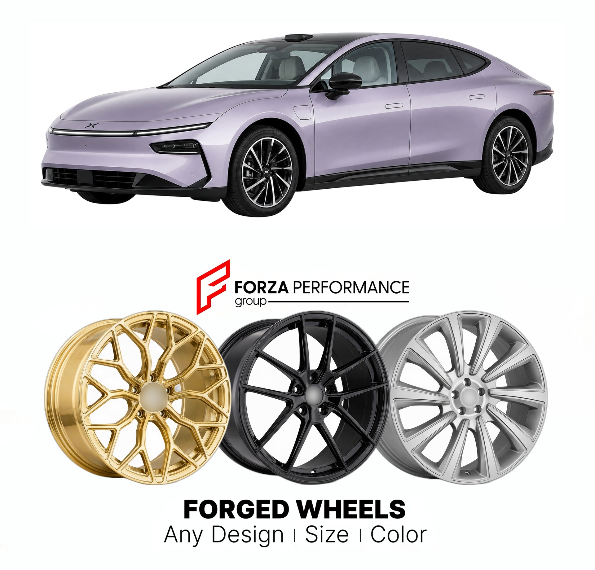 Custom forged wheels for XPeng P7+ 2024+. Made-to-order monoblock, 2-piece and 3-piece wheels in custom sizes, offsets, colors and finishes with guaranteed vehicle fitment.

We manufacture premium quality forged wheels rims for XPeng P7+ 2024+ in any design, size, color.

THIS WHEEL DESIGN CAN BE CUSTOM-MADE FOR YOUR CAR IN ANY SIZE AND COLOR OPTIONS
Available in monoblock, 2-piece, 3-piece, duoblock, beadlock
3D wheel renderings are provided according to the exact dimensions and specifications requested by