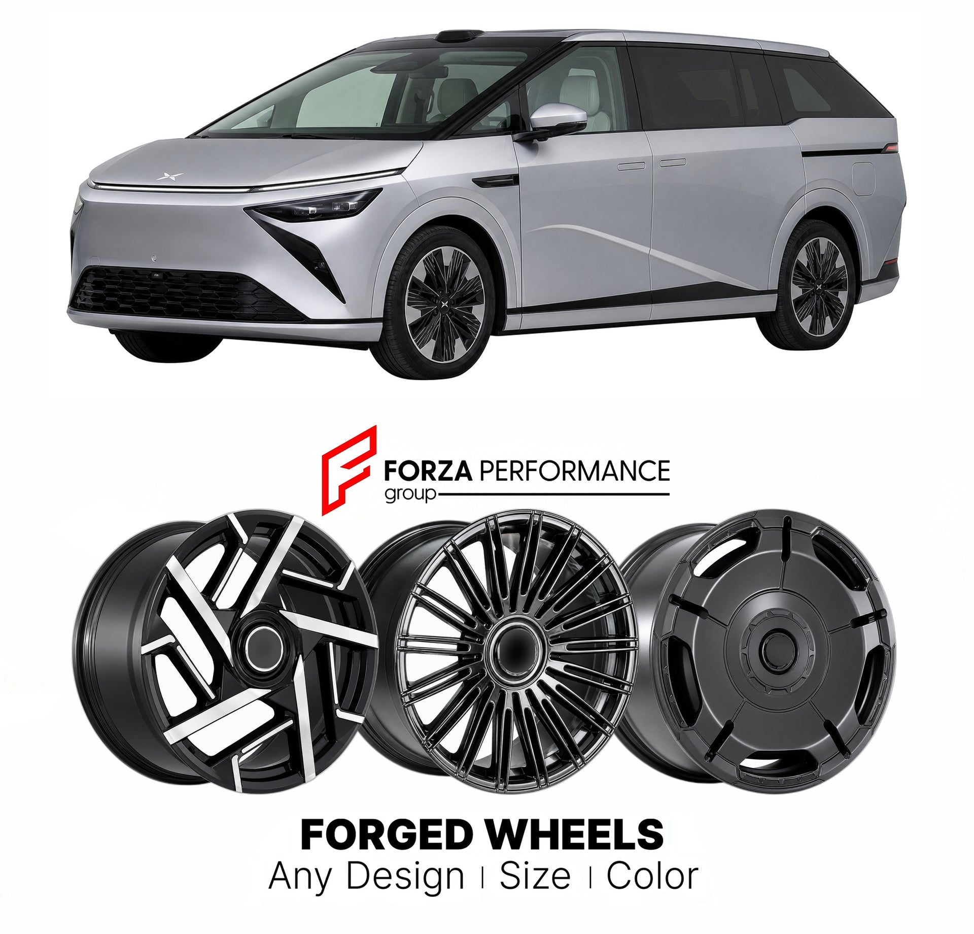 Custom forged wheels for XPeng X9 2024+. Made-to-order monoblock, 2-piece and 3-piece wheels in custom sizes, offsets, colors and finishes with guaranteed vehicle fitment.

We manufacture premium quality forged wheels rims for XPeng X9 2024+ in any design, size, color.

THIS WHEEL DESIGN CAN BE CUSTOM-MADE FOR YOUR CAR IN ANY SIZE AND COLOR OPTIONS
Available in monoblock, 2-piece, 3-piece, duoblock, beadlock
3D wheel renderings are provided according to the exact dimensions and specifications requested by t
