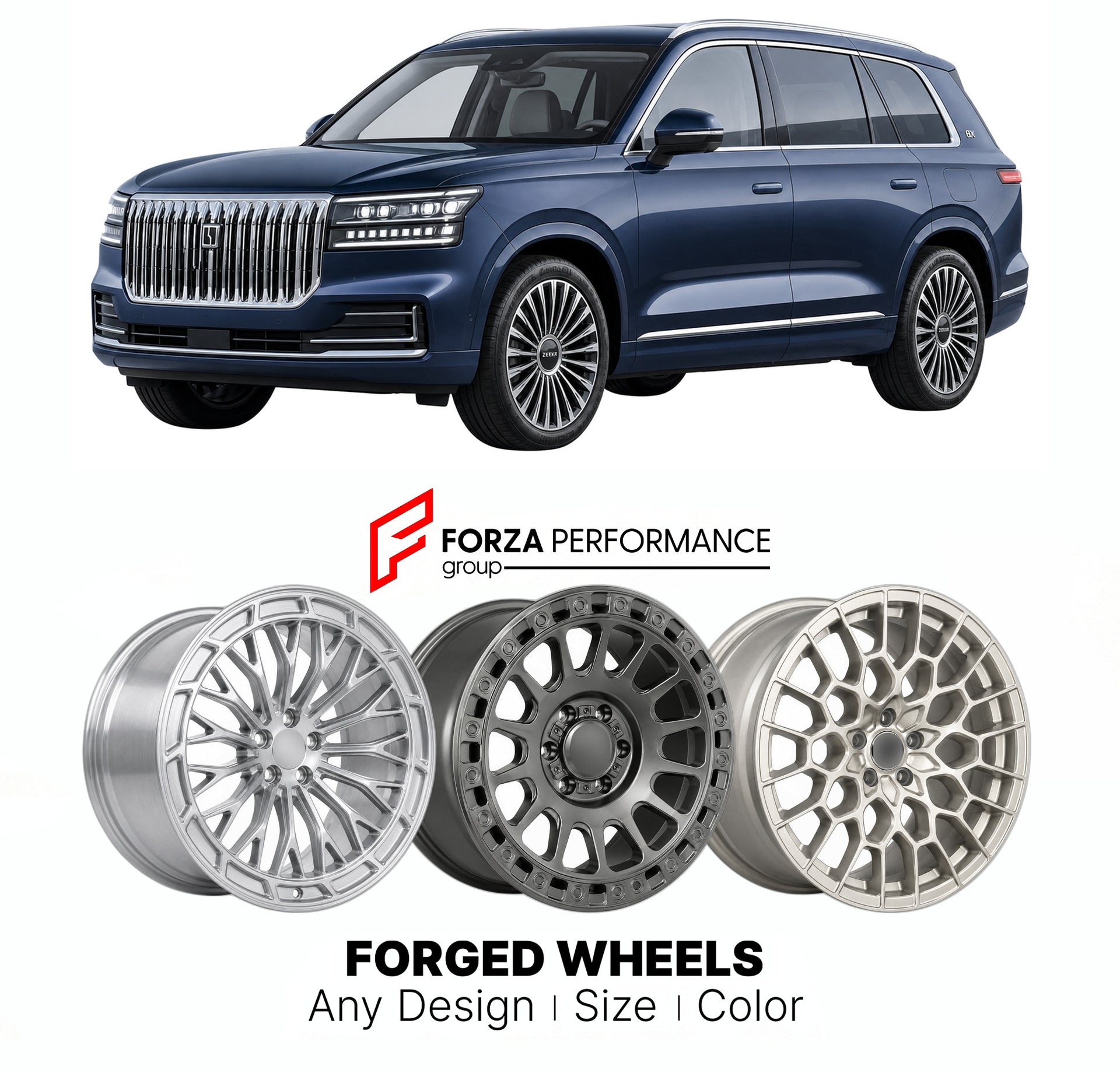 Custom forged wheels for Zeekr 8X 2026+. Made-to-order monoblock, 2-piece and 3-piece wheels in custom sizes, offsets, colors and finishes with guaranteed vehicle fitment.

We manufacture premium quality forged wheels rims for Zeekr 8X 2026+ in any design, size, color.

THIS WHEEL DESIGN CAN BE CUSTOM-MADE FOR YOUR CAR IN ANY SIZE AND COLOR OPTIONS
Available in monoblock, 2-piece, 3-piece, duoblock, beadlock
3D wheel renderings are provided according to the exact dimensions and specifications requested by t
