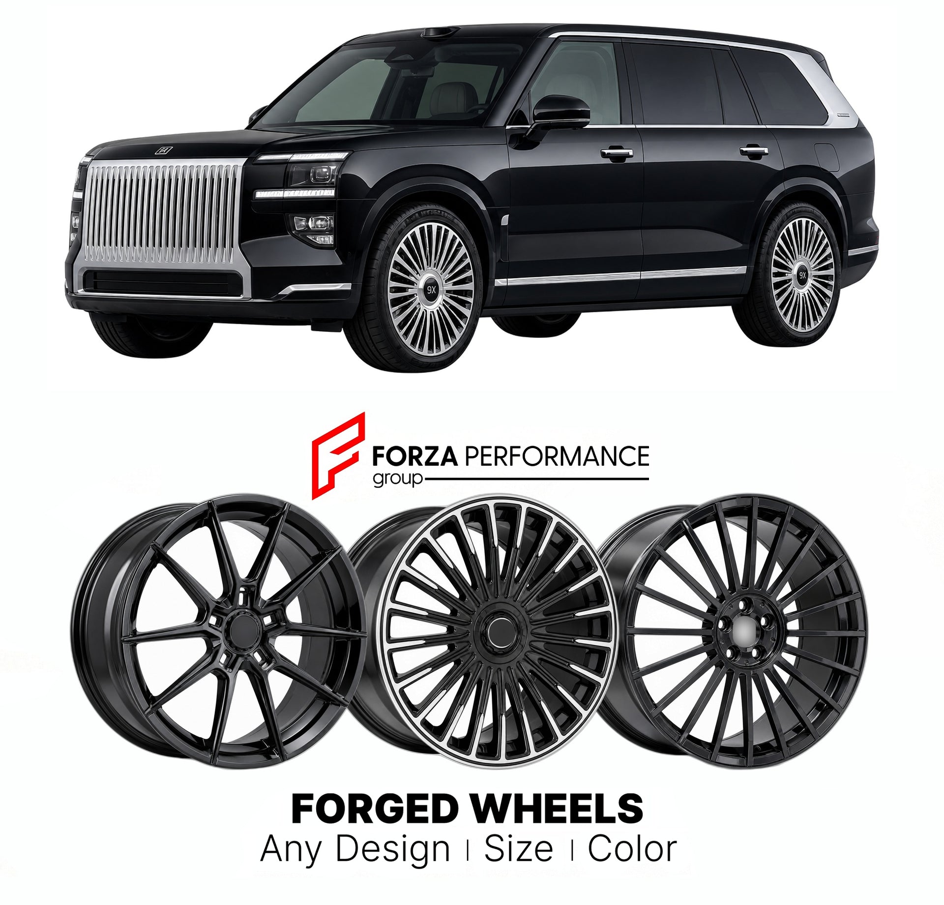 Custom forged wheels for Zeekr 9X 2025+. Made-to-order monoblock, 2-piece and 3-piece wheels in custom sizes, offsets, colors and finishes with guaranteed vehicle fitment.

We manufacture premium quality forged wheels rims for Zeekr 9X 2025+ in any design, size, color.

THIS WHEEL DESIGN CAN BE CUSTOM-MADE FOR YOUR CAR IN ANY SIZE AND COLOR OPTIONS
Available in monoblock, 2-piece, 3-piece, duoblock, beadlock
3D wheel renderings are provided according to the exact dimensions and specifications requested by t