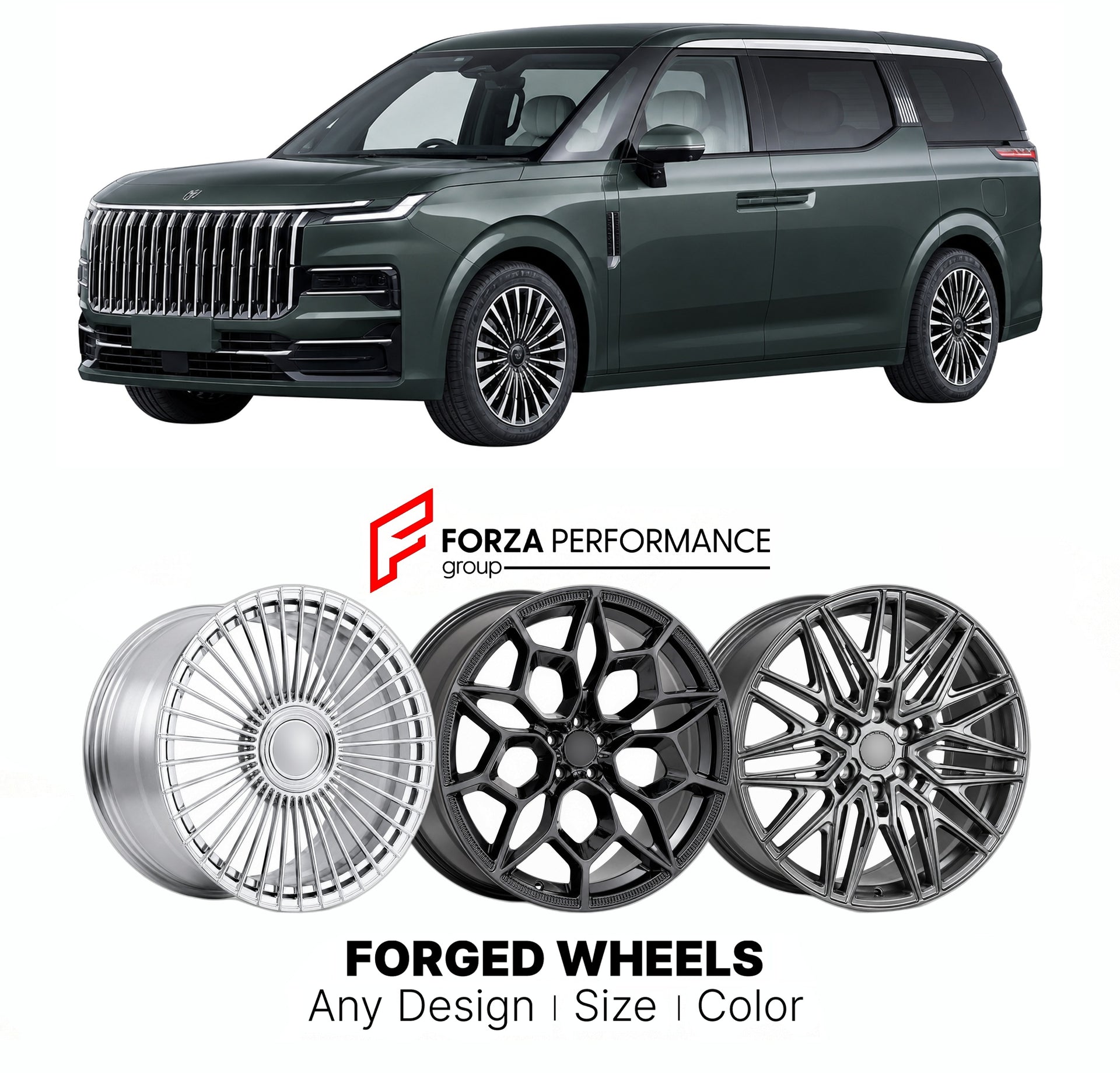 Custom forged wheels for Zeekr 9 2022+. Made-to-order monoblock, 2-piece and 3-piece wheels in custom sizes, offsets, colors and finishes with guaranteed vehicle fitment.

We manufacture premium quality forged wheels rims for Zeekr 9 2022+ in any design, size, color.

THIS WHEEL DESIGN CAN BE CUSTOM-MADE FOR YOUR CAR IN ANY SIZE AND COLOR OPTIONS
Available in monoblock, 2-piece, 3-piece, duoblock, beadlock
3D wheel renderings are provided according to the exact dimensions and specifications requested by the