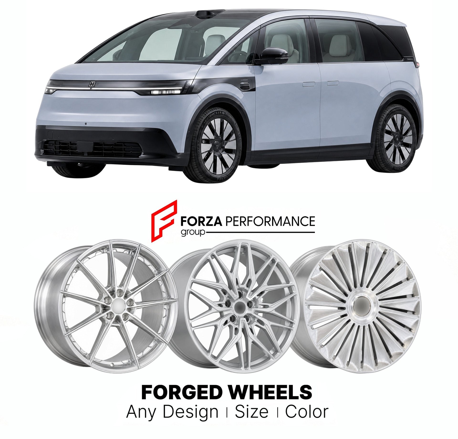 Custom forged wheels for Zeekr Geely MIX 2024+. Made-to-order monoblock, 2-piece and 3-piece wheels in custom sizes, offsets, colors and finishes with guaranteed vehicle fitment.

We manufacture premium quality forged wheels rims for Zeekr Geely MIX 2024+ in any design, size, color.

THIS WHEEL DESIGN CAN BE CUSTOM-MADE FOR YOUR CAR IN ANY SIZE AND COLOR OPTIONS
Available in monoblock, 2-piece, 3-piece, duoblock, beadlock
3D wheel renderings are provided according to the exact dimensions and specifications 