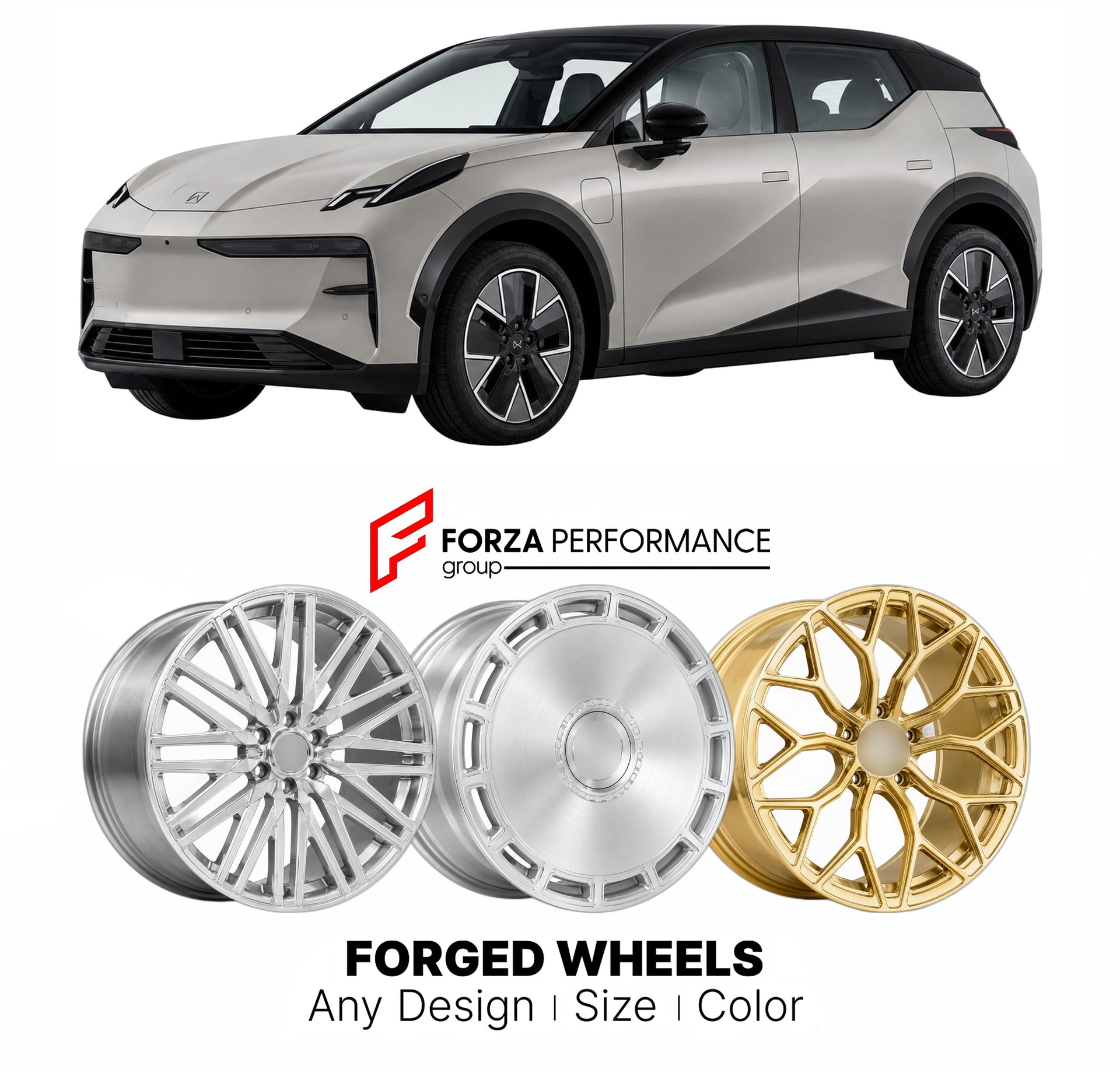 Custom forged wheels for Zeekr X 2023+. Made-to-order monoblock, 2-piece and 3-piece wheels in custom sizes, offsets, colors and finishes with guaranteed vehicle fitment.

We manufacture premium quality forged wheels rims for Zeekr X 2023+ in any design, size, color.

THIS WHEEL DESIGN CAN BE CUSTOM-MADE FOR YOUR CAR IN ANY SIZE AND COLOR OPTIONS
Available in monoblock, 2-piece, 3-piece, duoblock, beadlock
3D wheel renderings are provided according to the exact dimensions and specifications requested by the