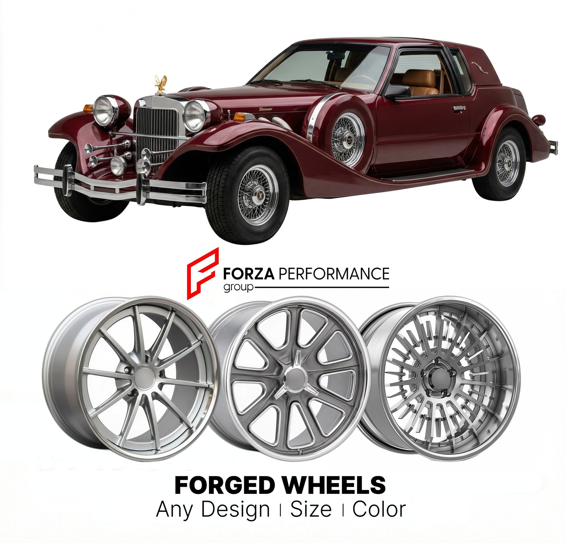 CUSTOM CLASSIC VINTAGE RESTOMOD RETRO OLD SCHOOL FORGED WHEELS RIMS for ZIMMER GOLDEN SPIRIT 1978 - 1989
Custom forged wheels for classic American muscle cars. Ideal for restomod builds, vintage restorations, and show cars. Deep dish and retro styling available.

We manufacture premium quality forged wheels rims for Zimmer Golden Spirit 1978 - 1989 in any design, size, color.

THIS WHEEL DESIGN CAN BE CUSTOM-MADE FOR YOUR CAR IN ANY SIZE AND COLOR OPTIONS
Available in monoblock, 2-piece, 3-piece, duoblock, 