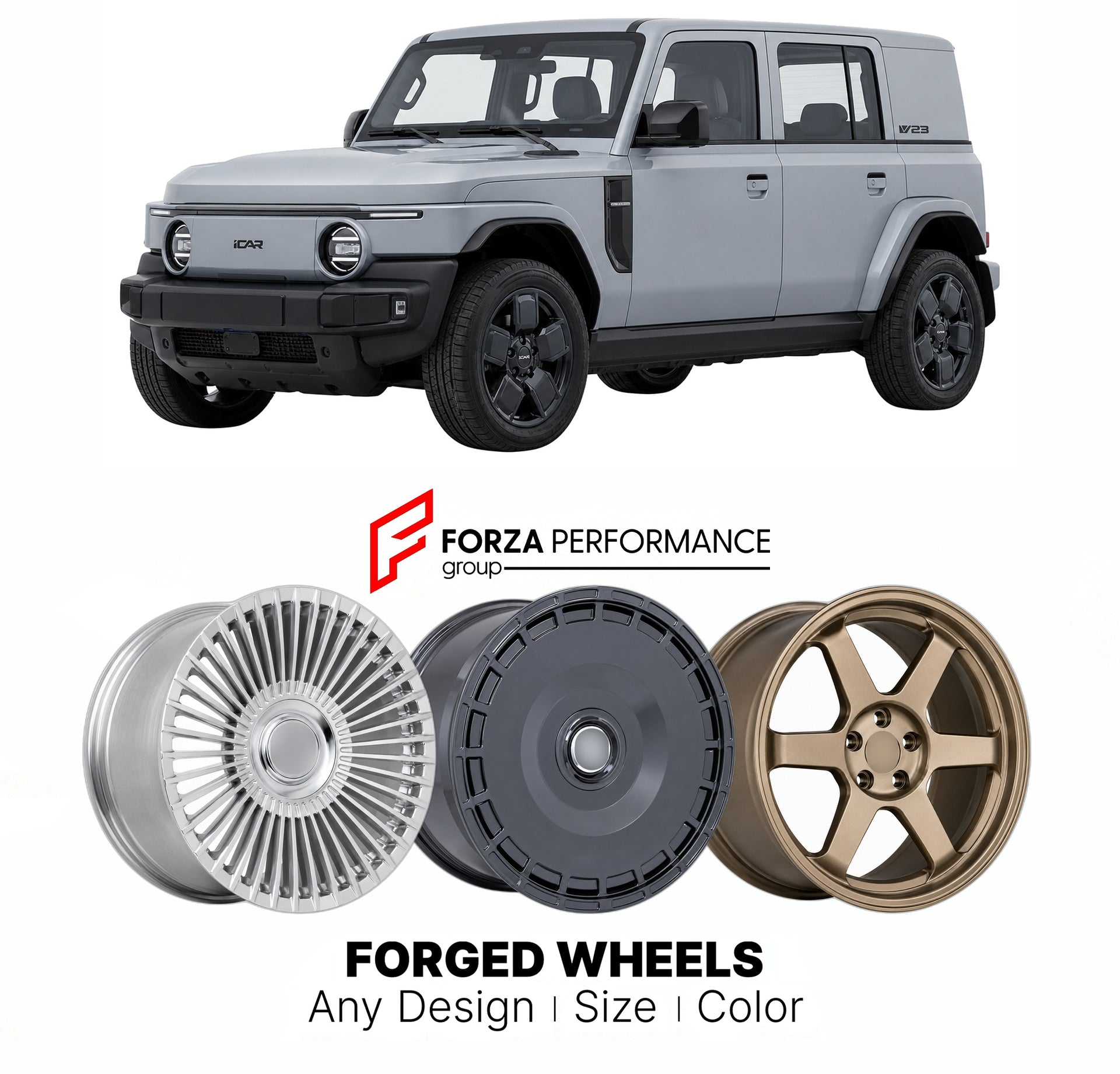Custom forged wheels for iCar Chery V23 iCaur V23 2024+. Made-to-order monoblock, 2-piece and 3-piece wheels in custom sizes, offsets, colors and finishes with guaranteed vehicle fitment.

We manufacture premium quality forged wheels rims for iCar Chery V23 iCaur V23 2024+ in any design, size, color.

THIS WHEEL DESIGN CAN BE CUSTOM-MADE FOR YOUR CAR IN ANY SIZE AND COLOR OPTIONS
Available in monoblock, 2-piece, 3-piece, duoblock, beadlock
3D wheel renderings are provided according to the exact dimensions a