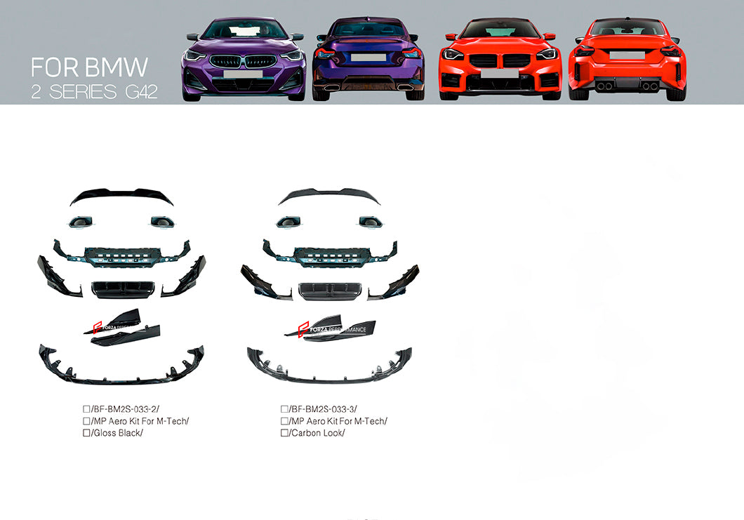 M PERFORMANCE AERO BODY KIT for BMW 2-SERIES G42



&nbsp;Set includes:

Front Lip

Rear Spoiler

Rear Diffuser

Exhaust Tips

Material: Plastic

Note: Professional installation is required. Fits only with M bumpers

Each part can be sent separately. If you need a specific part, please contact us.

Please let us know what product are you interested in exactly.

Contact us for pricing.

Payment ►
Visa

Mastercard

PayPal with a credit card (add 4.4% at checkout)
Payoneer
Cryptocurrency
Shipment ►
By express 