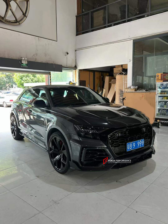WIDE DRY CARBON BODY KIT FOR AUDI Q8 | RSQ8 4M 2019+   Set include:  Front Bumper Assembly Front Bumper Canards Hood/Bonnet Front Fenders Fender Flares Side Skirts Rear Roof Spoiler Trunk Wing Spoiler Exhaust system Rear Bumper Rear Diffuser