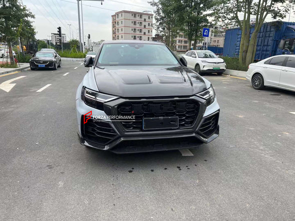 WIDE DRY CARBON BODY KIT FOR AUDI Q8 | RSQ8 4M 2019+   Set include:  Front Bumper Assembly Front Bumper Canards Hood/Bonnet Front Fenders Fender Flares Side Skirts Rear Roof Spoiler Trunk Wing Spoiler Exhaust system Rear Bumper Rear Diffuser