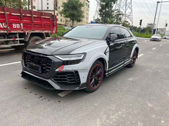 WIDE DRY CARBON BODY KIT FOR AUDI Q8 | RSQ8 4M 2019+   Set include:  Front Bumper Assembly Front Bumper Canards Hood/Bonnet Front Fenders Fender Flares Side Skirts Rear Roof Spoiler Trunk Wing Spoiler Exhaust system Rear Bumper Rear Diffuser