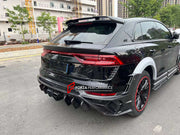 WIDE DRY CARBON BODY KIT FOR AUDI Q8 | RSQ8 4M 2019+   Set include:  Front Bumper Assembly Front Bumper Canards Hood/Bonnet Front Fenders Fender Flares Side Skirts Rear Roof Spoiler Trunk Wing Spoiler Exhaust system Rear Bumper Rear Diffuser
