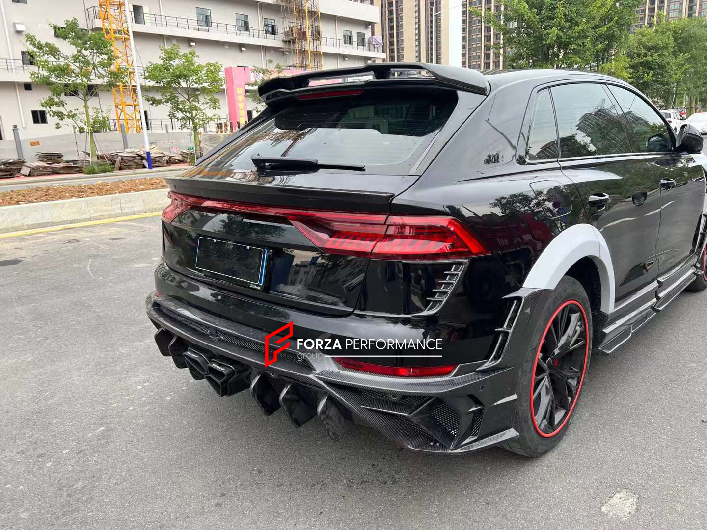 WIDE DRY CARBON BODY KIT FOR AUDI Q8 | RSQ8 4M 2019+   Set include:  Front Bumper Assembly Front Bumper Canards Hood/Bonnet Front Fenders Fender Flares Side Skirts Rear Roof Spoiler Trunk Wing Spoiler Exhaust system Rear Bumper Rear Diffuser