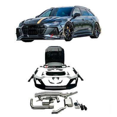DRY CARBON BODY KIT WITH EXHAUST SYSTEM for AUDI RS6 C8

Set includes:

Front Lip
Front Bumper

Hood / Bonnet
Side Skirts
Roof Spoiler
Rear Diffuser
Exhaust System


Material: Dry Carbon Fiber

NOTE: Professional installation is required
