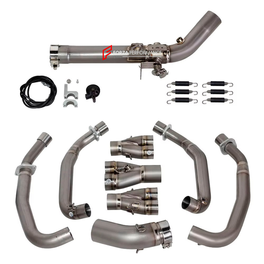 MANUAL VALVED TITANIUM MOTORCYCLE EXHAUST SYSTEM for KAWASAKI ZX-4R

Set include:

Header
4-1 Merge Collector
Valve
Mid Pipe

Aprox Weight: 5 kg (11 lbs)

Material: Titanium (can be made in Stainless Steel)

NOTE:&nbsp;Professional installation is required.

FEATURES:

Engineered Digital prototyping using 3D CAD design software, each car model chassis has been 3D laser scanned in the factor
Factory run all test cars on Italian 1200HP Dyno machine, to make the best performance design of exhaust
CNC bending m