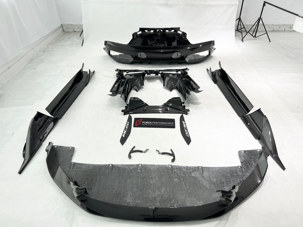 OEM STYLE DRY CARBON BODY KIT for MASERATI MC20 2020+  Set includes: Front Lip Side Skirts Rear Diffuser Rear Vent Trims Side Mirror Covers Shift Paddles Center Dashboard Cover Door Sills Engine Cover