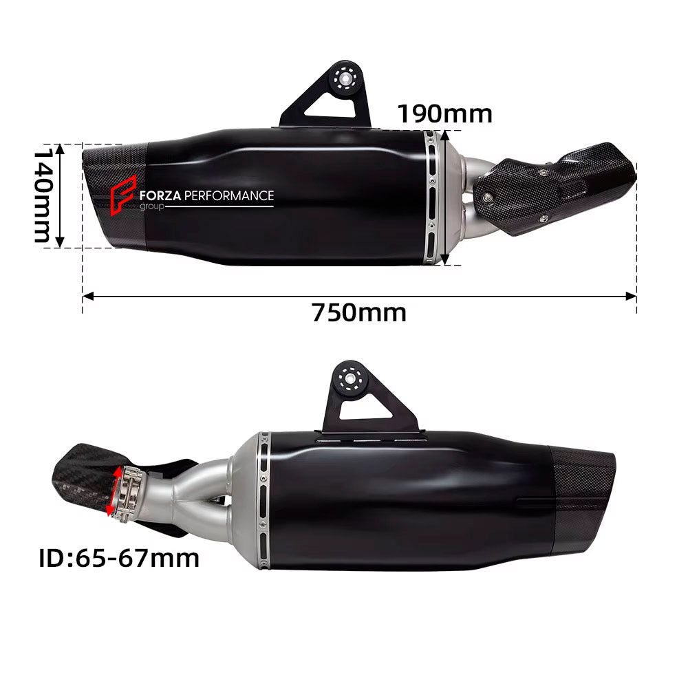 MOTORCYCLE EXHAUST SLIP ON for BMW R1200GS R1250GS ADVENTURE 2014+

Set include:

Exhaust Slip On

Material: Titanium (can be made in Stainless Steel)

NOTE: Professional installation is required.

FEATURES:

Engineered Digital prototyping using 3D CAD design software, each car model chassis has been 3D laser scanned in the factor
Factory run all test cars on Italian 1200HP Dyno machine, to make the best performance design of exhaust
CNC bending machine accurately bends the tube according to the computer da