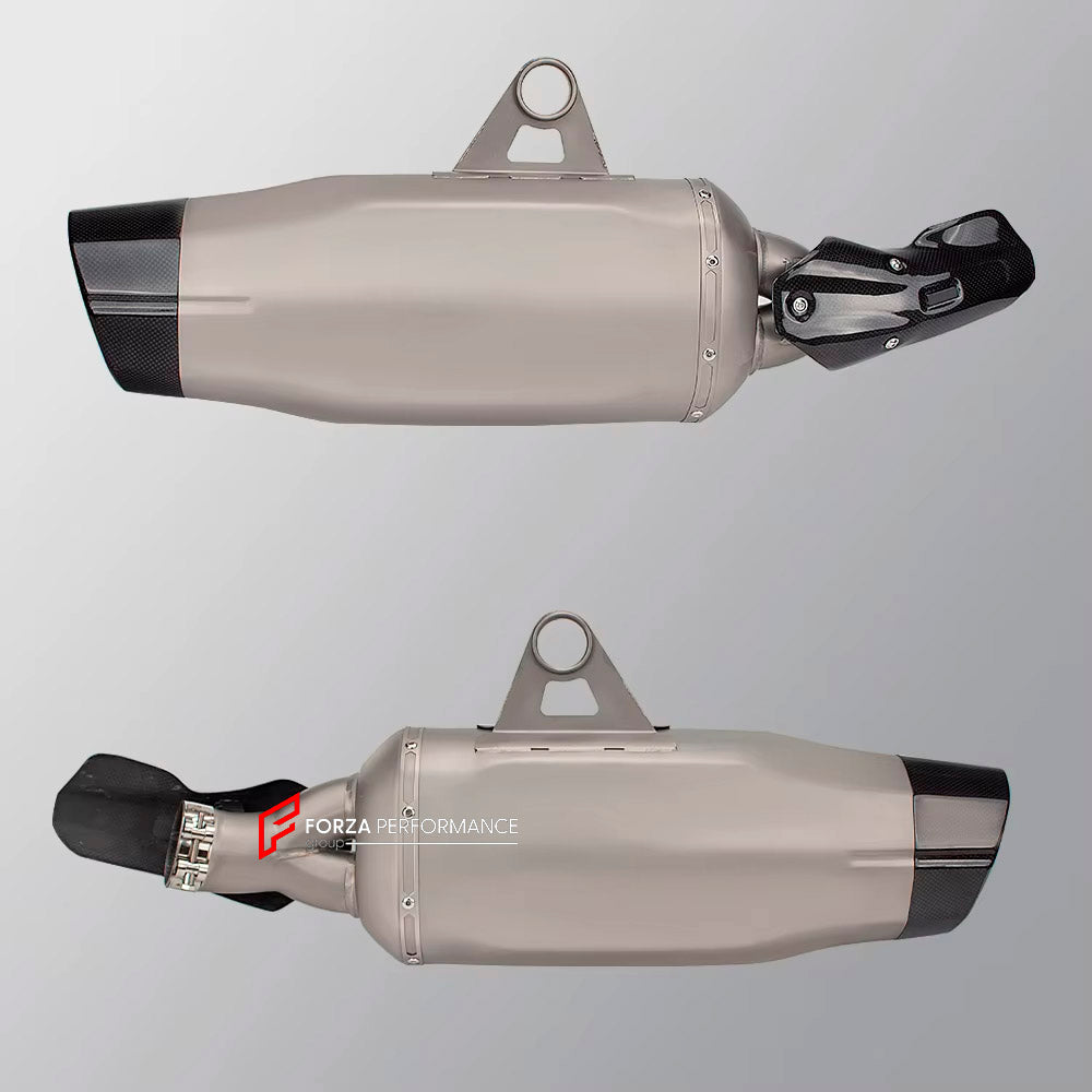 MOTORCYCLE EXHAUST SLIP ON for BMW R1200GS R1250GS ADVENTURE 2014+

Set include:

Exhaust Slip On

Material: Titanium (can be made in Stainless Steel)

NOTE: Professional installation is required.

FEATURES:

Engineered Digital prototyping using 3D CAD design software, each car model chassis has been 3D laser scanned in the factor
Factory run all test cars on Italian 1200HP Dyno machine, to make the best performance design of exhaust
CNC bending machine accurately bends the tube according to the computer da
