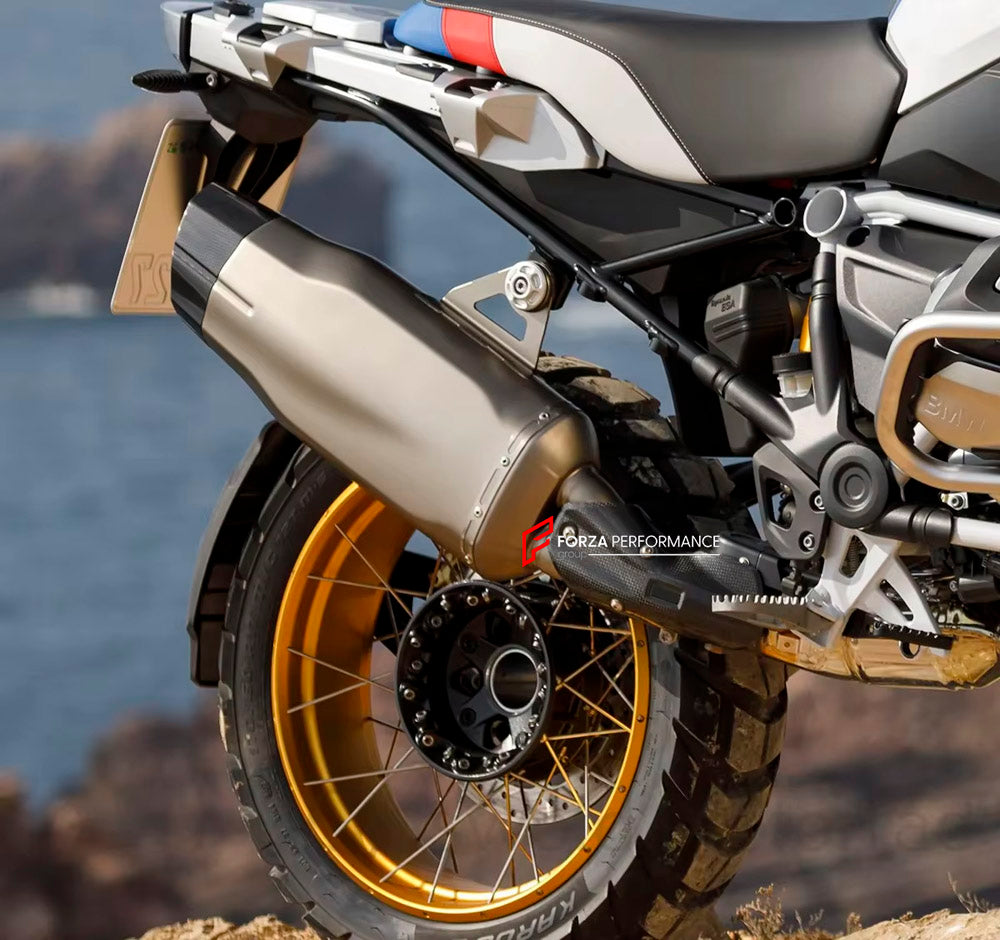 MOTORCYCLE EXHAUST SLIP ON for BMW R1200GS R1250GS ADVENTURE 2014+

Set include:

Exhaust Slip On

Material: Titanium (can be made in Stainless Steel)

NOTE: Professional installation is required.

FEATURES:

Engineered Digital prototyping using 3D CAD design software, each car model chassis has been 3D laser scanned in the factor
Factory run all test cars on Italian 1200HP Dyno machine, to make the best performance design of exhaust
CNC bending machine accurately bends the tube according to the computer da