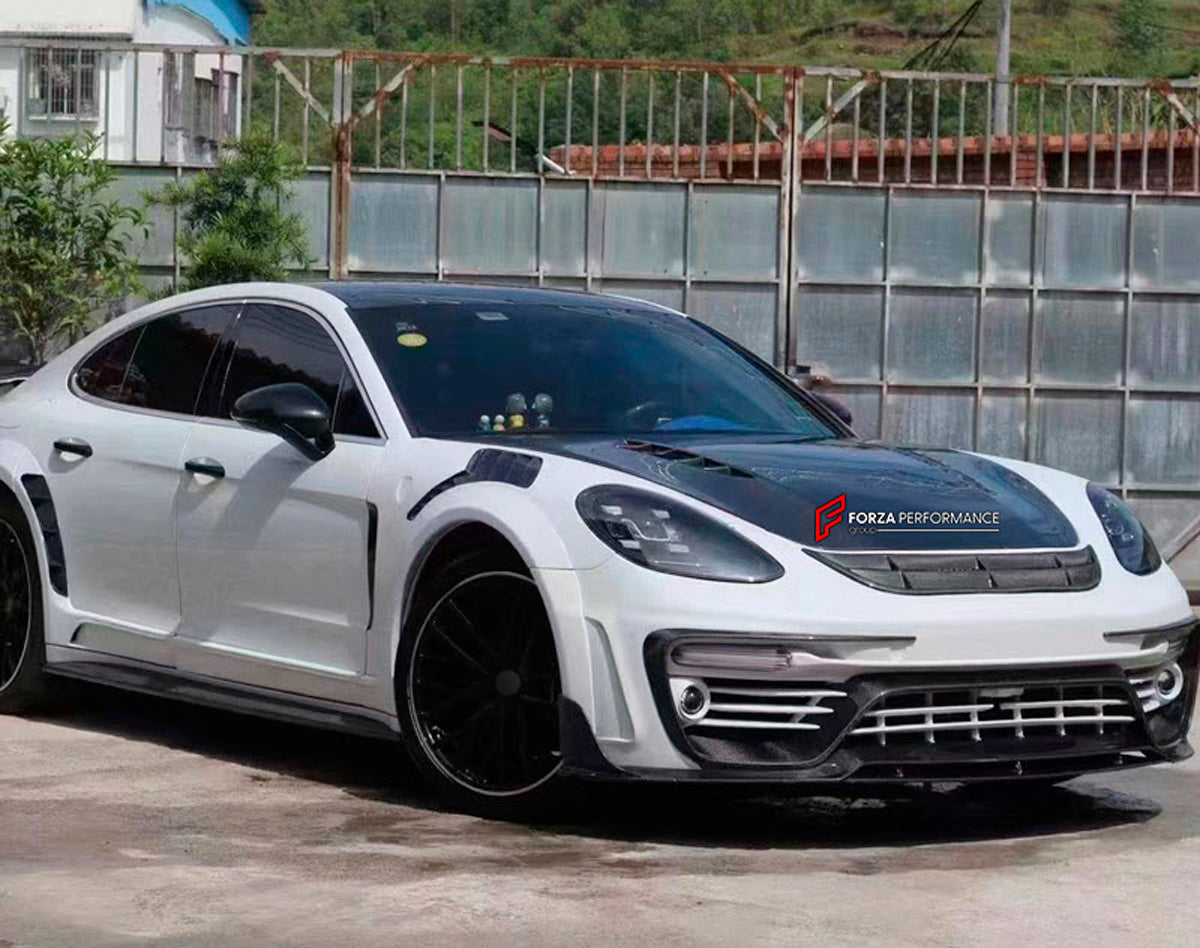 CARBON WIDE BODY KIT for PORSCHE PANAMERA 971.1 2017 - 2020

Set includes:

Front Bumper
Front Canards
Hood Bonnet
Side Mirror Covers
Side Skirts
Side Fenders with Vents
Rear Canards
Rear Spoiler
Rear Diffuser
Material: Carbon

NOTE: Professional installation is required. Factory LED DRL must be reused.
