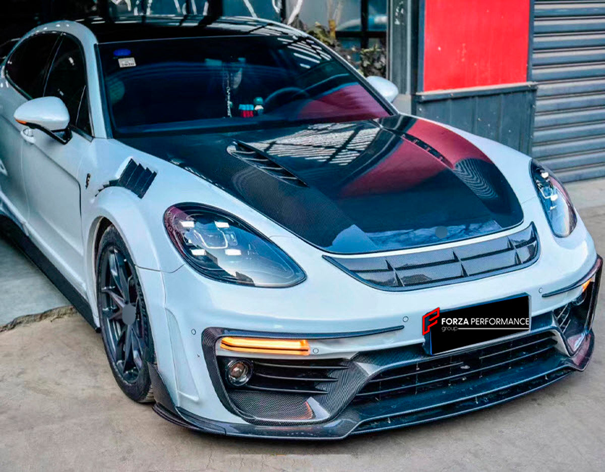 CARBON WIDE BODY KIT for PORSCHE PANAMERA 971.1 2017 - 2020

Set includes:

Front Bumper
Front Canards
Hood Bonnet
Side Mirror Covers
Side Skirts
Side Fenders with Vents
Rear Canards
Rear Spoiler
Rear Diffuser
Material: Carbon

NOTE: Professional installation is required. Factory LED DRL must be reused.
