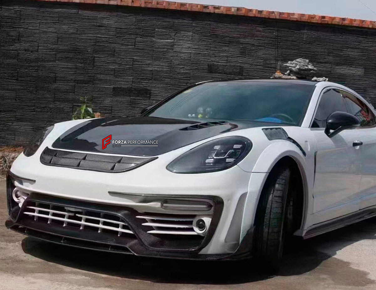 CARBON WIDE BODY KIT for PORSCHE PANAMERA 971.1 2017 - 2020

Set includes:

Front Bumper
Front Canards
Hood Bonnet
Side Mirror Covers
Side Skirts
Side Fenders with Vents
Rear Canards
Rear Spoiler
Rear Diffuser
Material: Carbon

NOTE: Professional installation is required. Factory LED DRL must be reused.