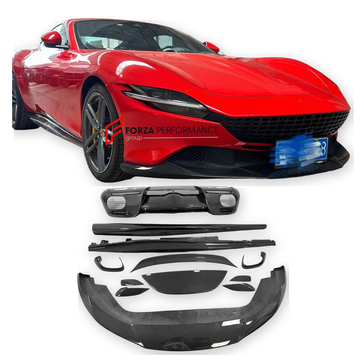 DRY CARBON BODY KIT FOR FERRARI ROMA 2020-2025 Set includes:  Front Lip Side Skirts Rear Diffuser  Rear Spoiler  Bumper Splitter  Side Vent Cover  Tail Vent Cover