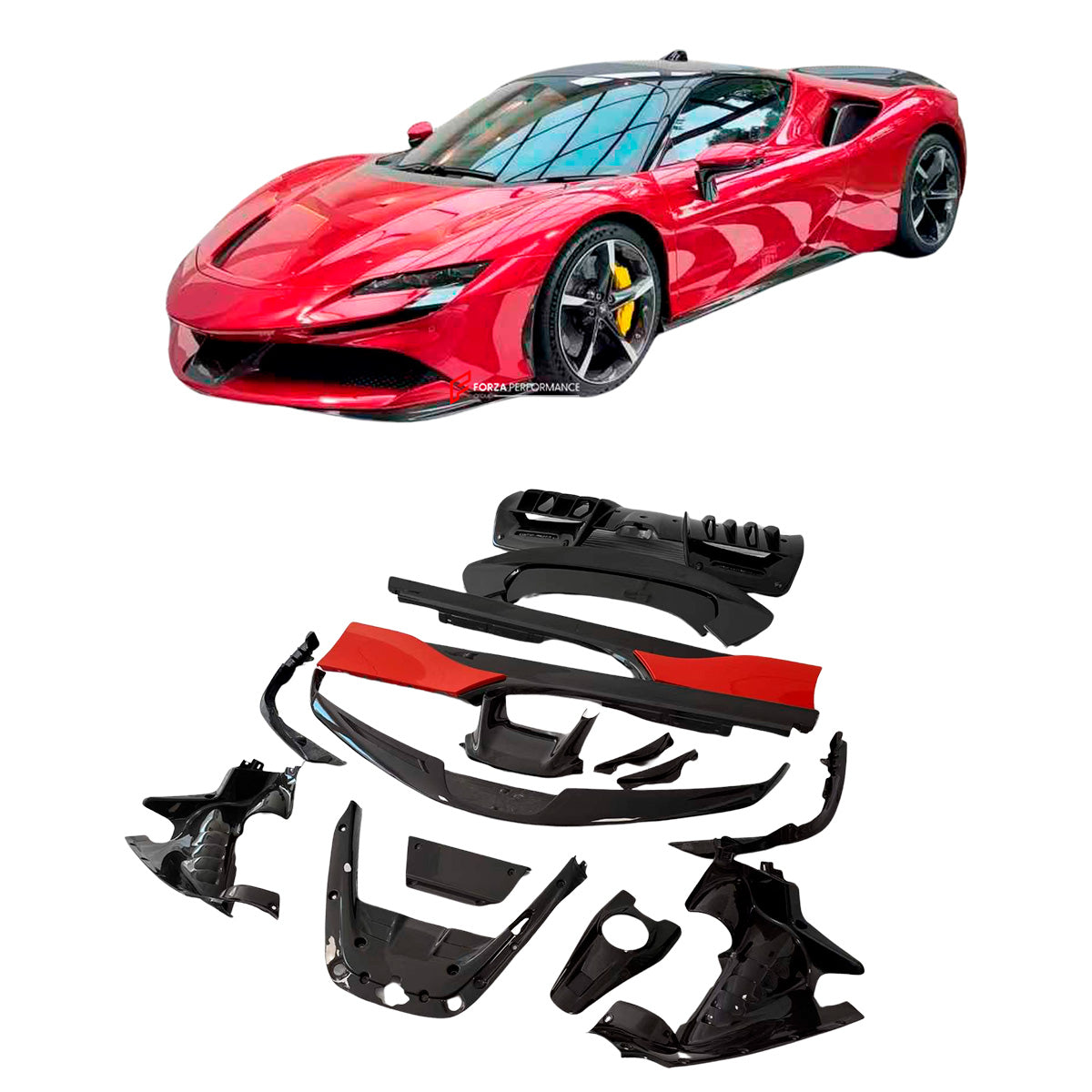 DRY CARBON REPLACEMENT BODY KIT FOR FERRARI SF90
Set includes:
Lower Front Lip
Front Lip
Front Lip Canards
Front Bumper Trims
Side Skirts
Air Inlet Trims
Rear Diffuser
Rear Spoiler
Material: Dry Carbon
* Contact us for pricing