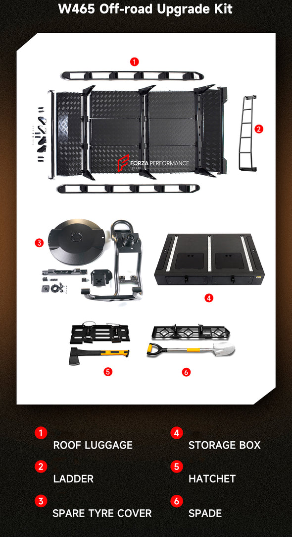 OFF ROAD KIT for MERCEDES BENZ G CLASS AMG G63 W465 2025

Set includes:

Roof Luggage
Roof Ladder
Spare Wheel Cover
Storage Box
Hatchet & Spade

Material: Plastic + Stainless Steel

NOTE: Professional installation is required.

Contact us for pricing

Payment ►
Visa
Mastercard
PayPal with a credit card (add 4.4% at checkout)
Payoneer
Cryptocurrency

Shipment ►
By express DHL/UPS/TNT/FedEx
To the local international airport
Special line by air
Special line by the sea
To Europe and the UK by train

Please let