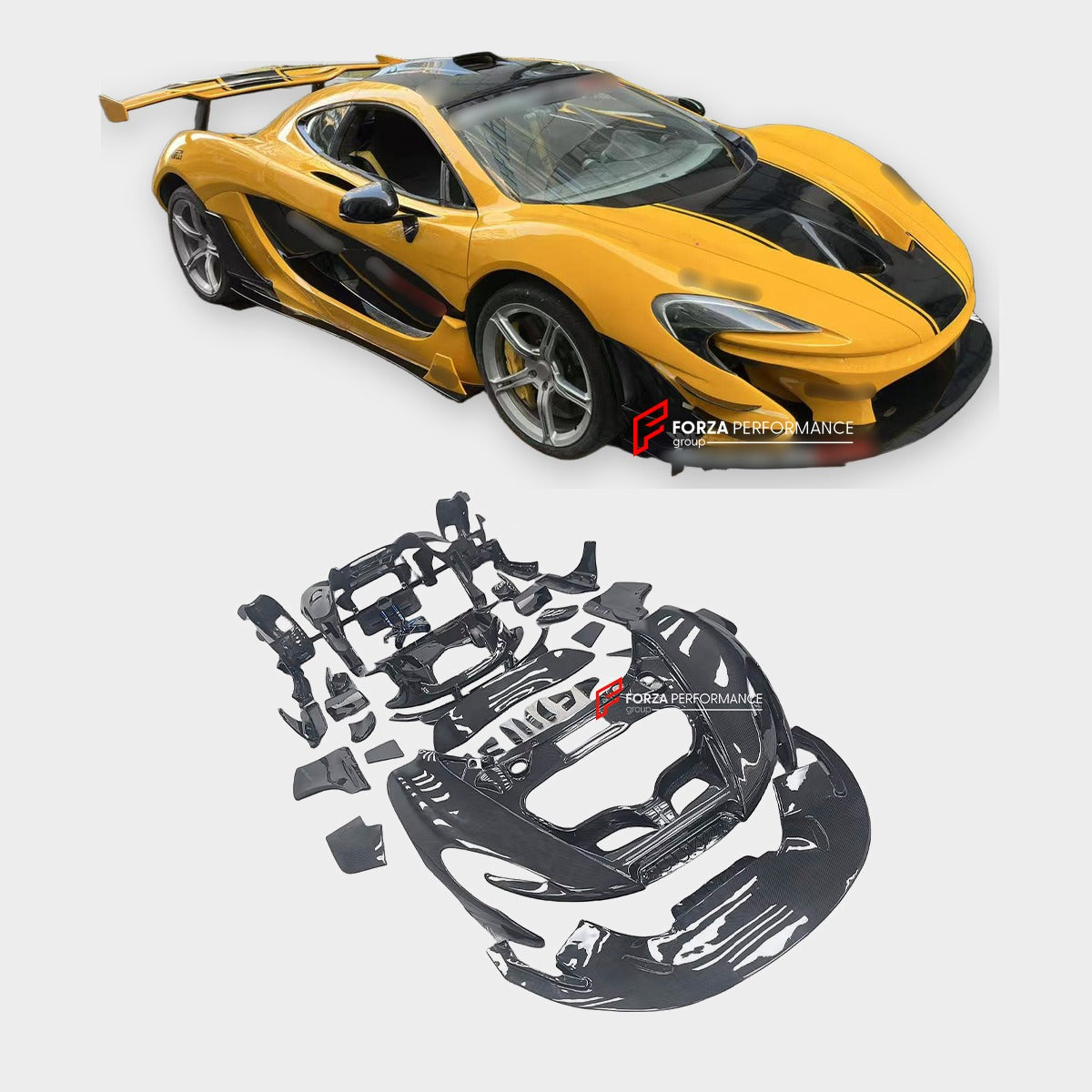 DRY CARBON CONVERSION BODY KIT for MCLAREN 650S 2014 - 2017 UPGRADE TO P1

Set includes:

Front Lip
Front Bumper Body Panel
Side Skirts
Rear Quarter Body Panel
Engine Cover Panel
Rear Spoiler
Rear Bumper
Rear Diffuser
Exhaust System

Material: Dry Carbon

NOTE: Professional installation is required.