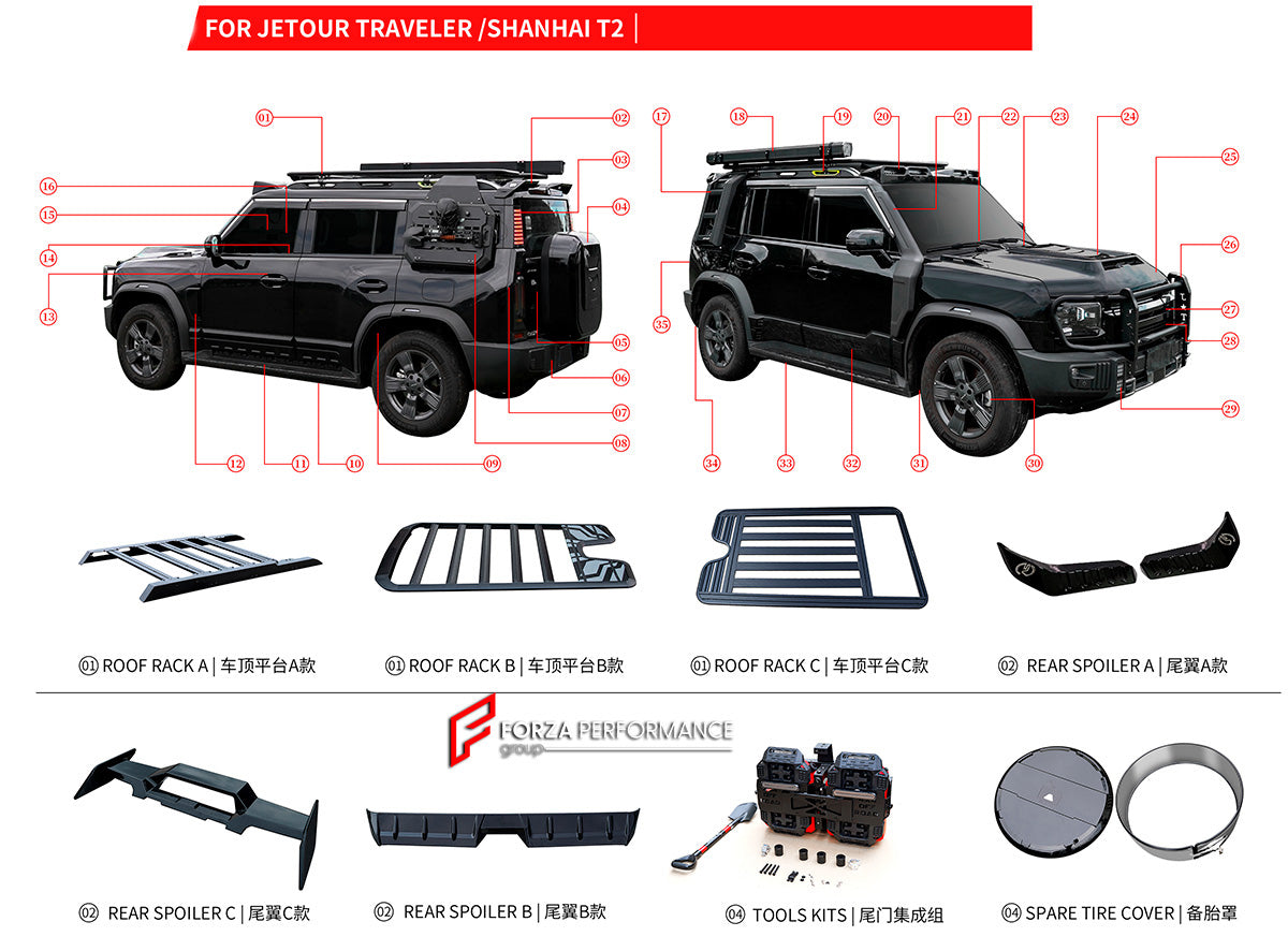 PARTS BODY KIT for JETOUR TRAVELLER SHANGHAI T2 2024+

Set includes:

Bonnet Hood&nbsp;
Bonnet Hood Cover
Grille
Roof Racks
Rear Spoiler
Sport Spoiler
Tool Kit Box&nbsp;
Spare Tire Cover
Front Fender
Inner Trims
Decoration Trims
Foldable Ladder
Fixed Ladder
Side Tent
Mud Flap
Headlights
Rear Bumper Lights
Side Windows
Brake Calliper Cover


Material: Aluminium, Plastic

Note: Professional installation is required.

CONTACT US FOR PRICING
