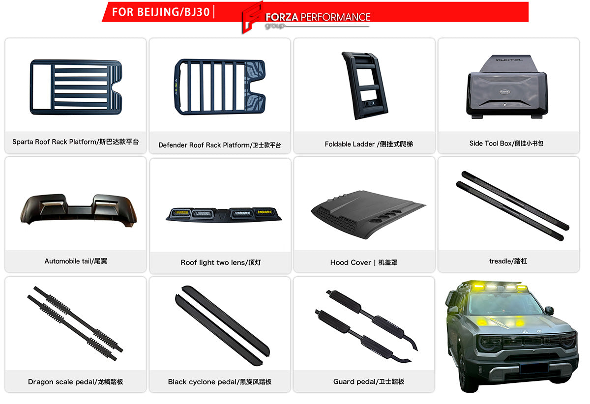 PARTS for BAW BJ30

Set includes:

Hood Cover
Roof Rack
Roof Light
Foldable Ladder
Side Tool Box
Roof Spoiler
Side Pedals

Note: Professional installation is required.

Each part can be sent separately. If you need a specific part, please contact us.

CONTACT US FOR PRICING

Payment ►
Visa
Mastercard
PayPal with a credit card (add 4.4% at checkout)
Payoneer
Cryptocurrency
Shipment ►
By express DHL/UPS/TNT/FedEx
To the local international airport
Special line by air
Special line by the sea
To Europe and 