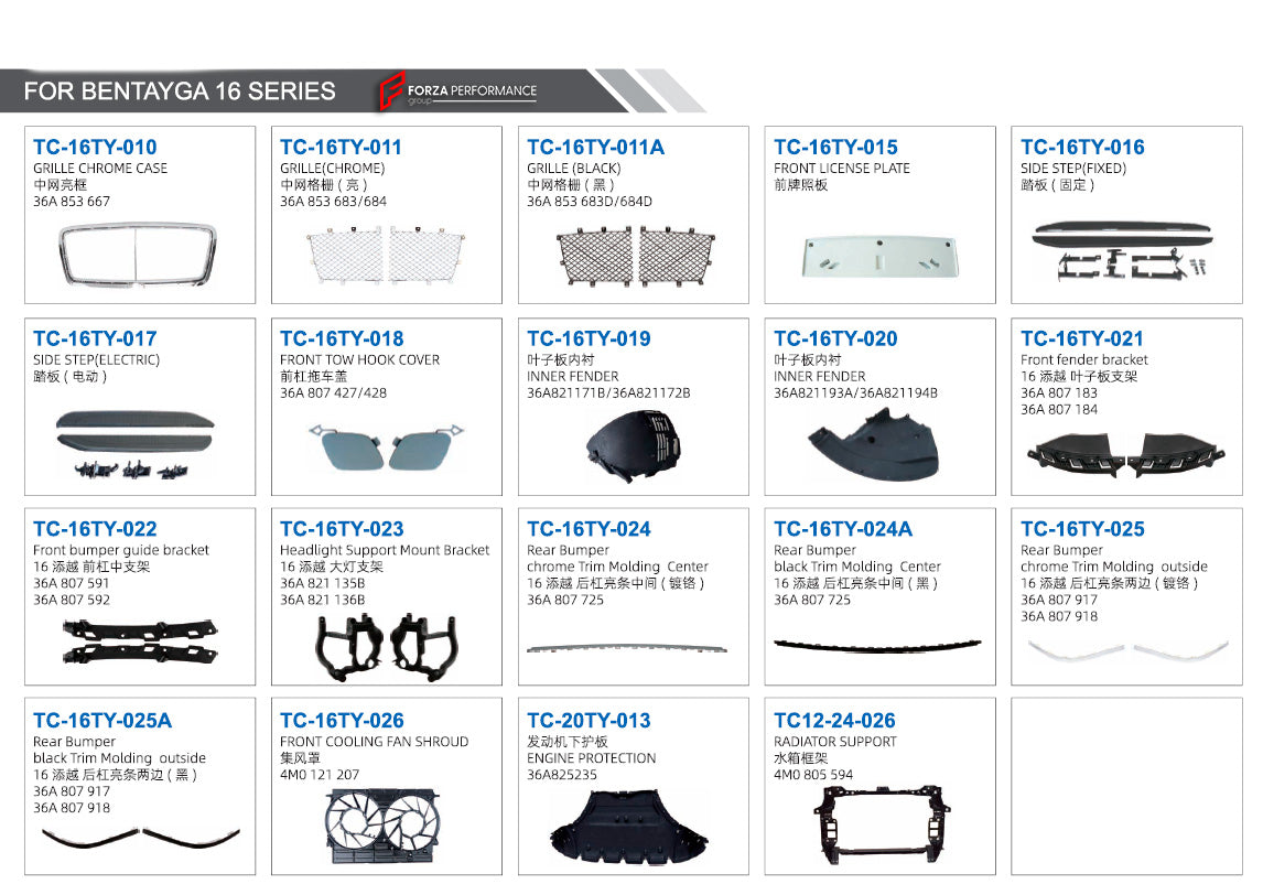 PARTS for BENTLEY BENTAYGA 2015-2020

Set includes:

Front Bumper (36A 807 437 GRU)
Chin of Front Bumper (36A 807 093 GRU)
Grille Case (36A 853 653A)
Bumper Grille (Chrome) (36A 8077F/648C)
Bumper Grille (Black) (36A 807 647/648)
Fog Lamp Case (Chrome) (36A 807 345H/346H)
Fog Lamp Case (Black) (36A 807 345E/346E)
Front Wheel Arches (36A 853 717B/718B/DGRU)
Rear Wheel Arches (Short) (36A 854 819GRU/820GRU)
Rear Wheel Arches (Long) (36A 85381GRU/818GRU)
Fog Lamp Case (Chrome) (36A 807 345G/346G)
Fog Lamp Case
