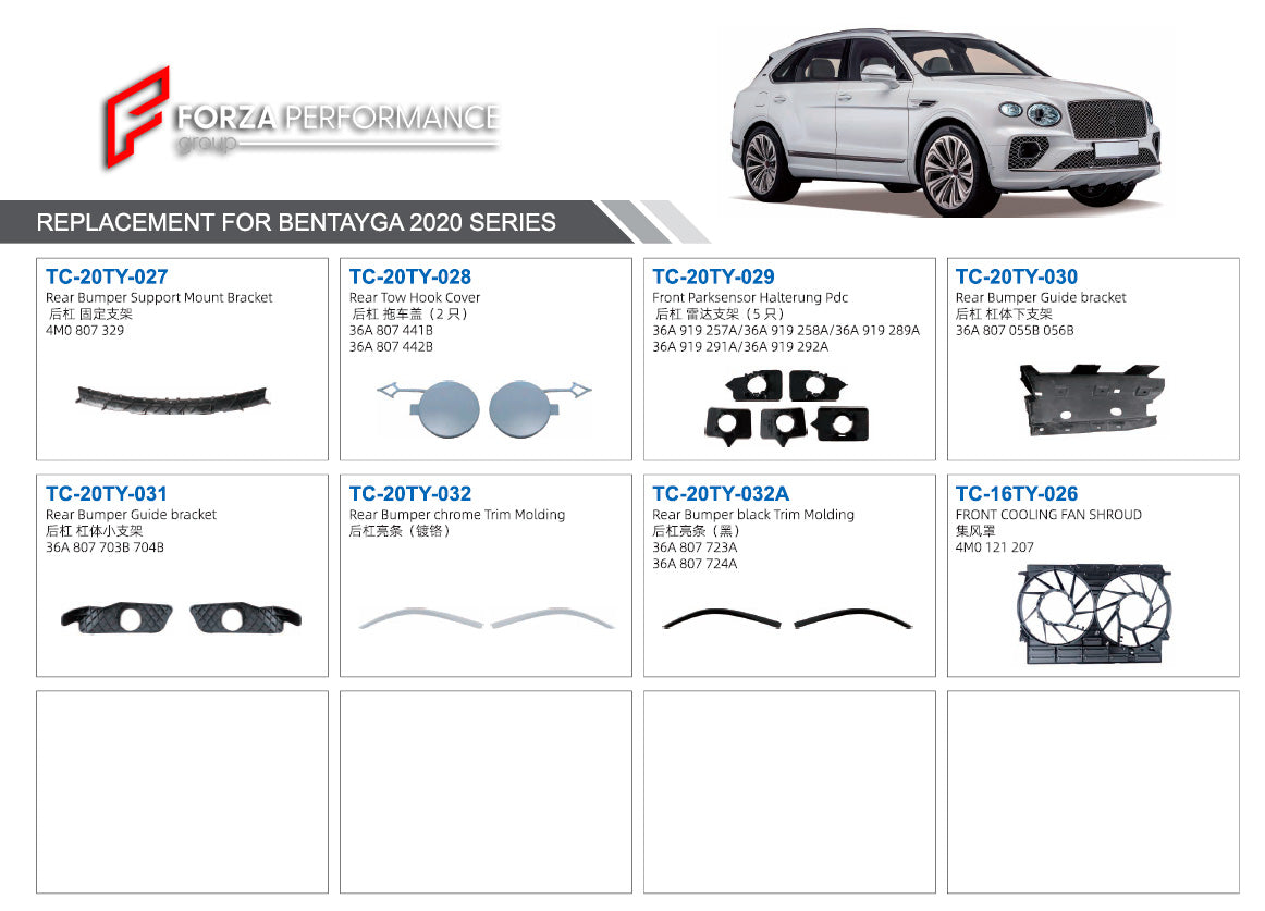 FRONT BUMPER WITH GRILLE for BENTLEY BENTAYGA 2020  Set includes:  GRILLE CASE (36A 853 653) GRILLE (CHROME) (36A 853 683F/684E) FRONT BUMPER (36A 807 093KGRU) GRILLE CHROME CASE (36A 853 667D) GRILLE (BLACK) (36A 853 683F/684E)