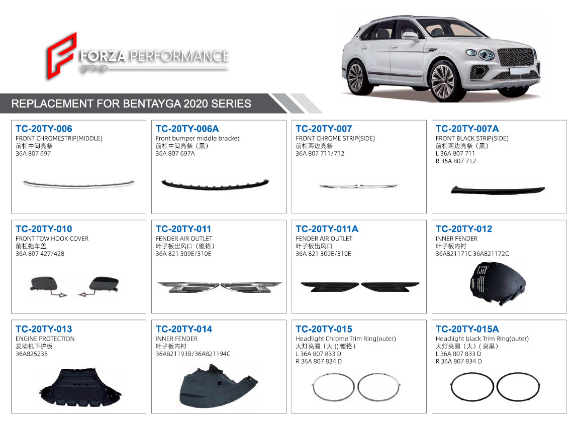 FRONT BUMPER WITH GRILLE for BENTLEY BENTAYGA 2020  Set includes:  GRILLE CASE (36A 853 653) GRILLE (CHROME) (36A 853 683F/684E) FRONT BUMPER (36A 807 093KGRU) GRILLE CHROME CASE (36A 853 667D) GRILLE (BLACK) (36A 853 683F/684E)