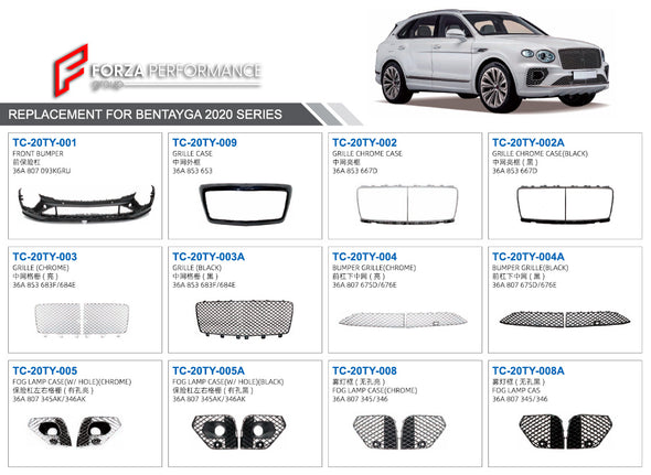 FRONT BUMPER WITH GRILLE for BENTLEY BENTAYGA 2020  Set includes:  GRILLE CASE (36A 853 653) GRILLE (CHROME) (36A 853 683F/684E) FRONT BUMPER (36A 807 093KGRU) GRILLE CHROME CASE (36A 853 667D) GRILLE (BLACK) (36A 853 683F/684E)