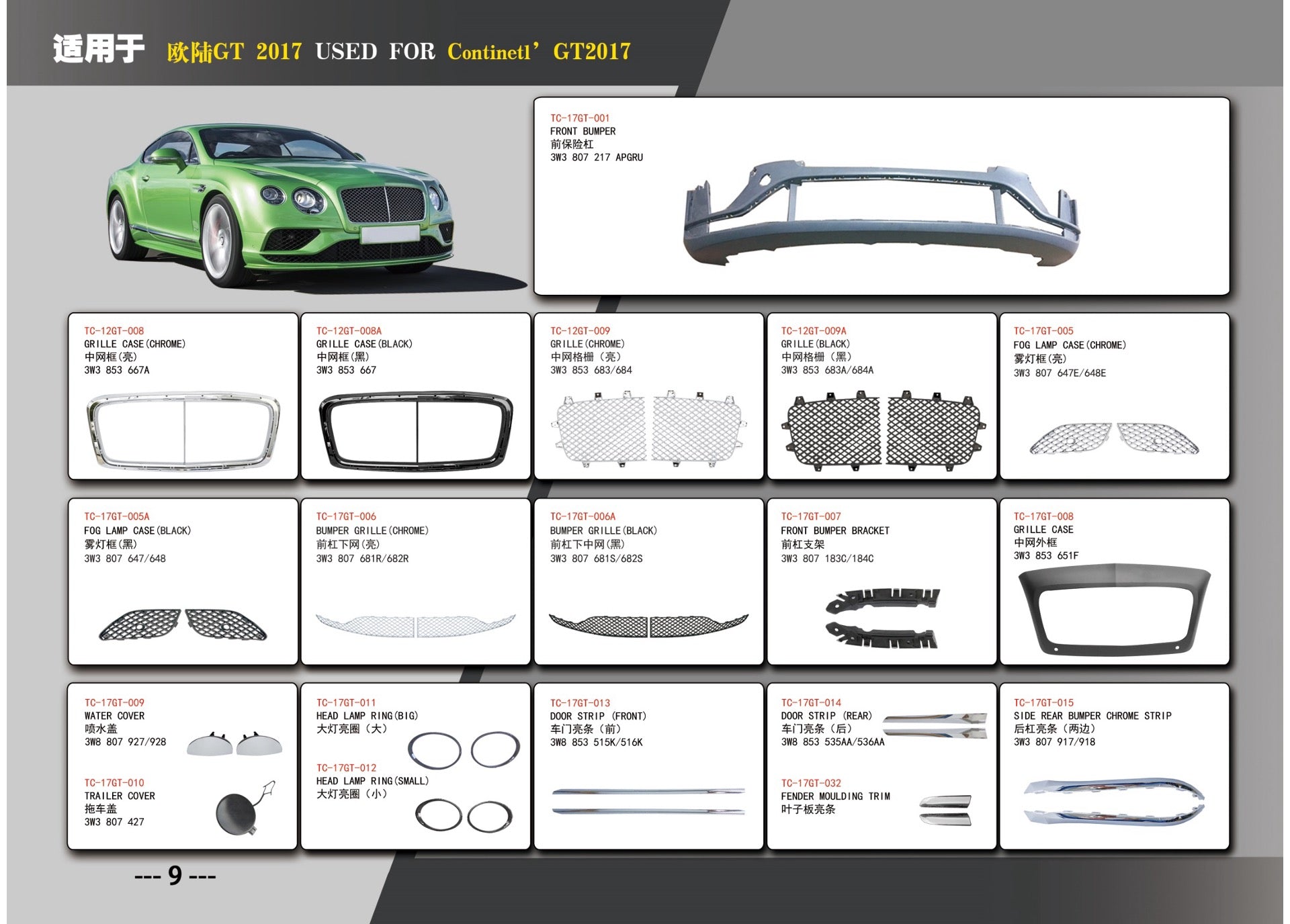 PARTS for BENTLEY CONTINENTAL GT 2011 - 2018

Set includes:

Front Bumper (3W3 807 217 APGRU)
Grille Case (Chrome) (3W3 853 667A)
Grille Case (Black) (3W3 853 667)
Grille (Chrome) (3W3 853 683/684)
Grille (Black) (3W3 853 683A/684A)
Fog Lamp Case (Chrome) (3W3 807 647E/648E)
Fog Lamp Case (Black) (3W3 807 647/648)
Bumper Grille (Chrome) (3W3 807 681R/682R)
Bumper Grille (Black) (3W3 807 681S/682S)
Front Bumper Bracket (3W3 807 183C/184C)
Grille Case (3W3 853 651F)
Water Cover (3W8 807 927/928)
Trailer Cover
