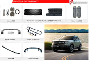 PARTS for JETOUR SHANHAI T1

Set includes:

Roof Rack
Roof Tool Box
Two Lens Roof Light
Side Window
Side Tent
Foldable Ladder
Spoiler
Tailgate Trim Molding
Sports Spoiler
Mud Flops Mudguard
Engine Cover

Note: Professional installation is required.

CONTACT US FOR PRICING

Payment ►
Visa
Mastercard
PayPal with a credit card (add 4.4% at checkout)
Payoneer
Cryptocurrency
Shipment ►
By express DHL/UPS/TNT/FedEx
To the local international airport
Special line by air
Special line by the sea
To Europe and the UK