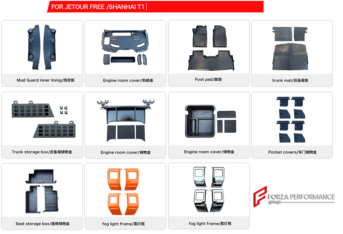 PARTS for JETOUR SHANHAI T1

Set includes:

Roof Rack
Roof Tool Box
Two Lens Roof Light
Side Window
Side Tent
Foldable Ladder
Spoiler
Tailgate Trim Molding
Sports Spoiler
Mud Flops Mudguard
Engine Cover

Note: Professional installation is required.

CONTACT US FOR PRICING

Payment ►
Visa
Mastercard
PayPal with a credit card (add 4.4% at checkout)
Payoneer
Cryptocurrency
Shipment ►
By express DHL/UPS/TNT/FedEx
To the local international airport
Special line by air
Special line by the sea
To Europe and the UK