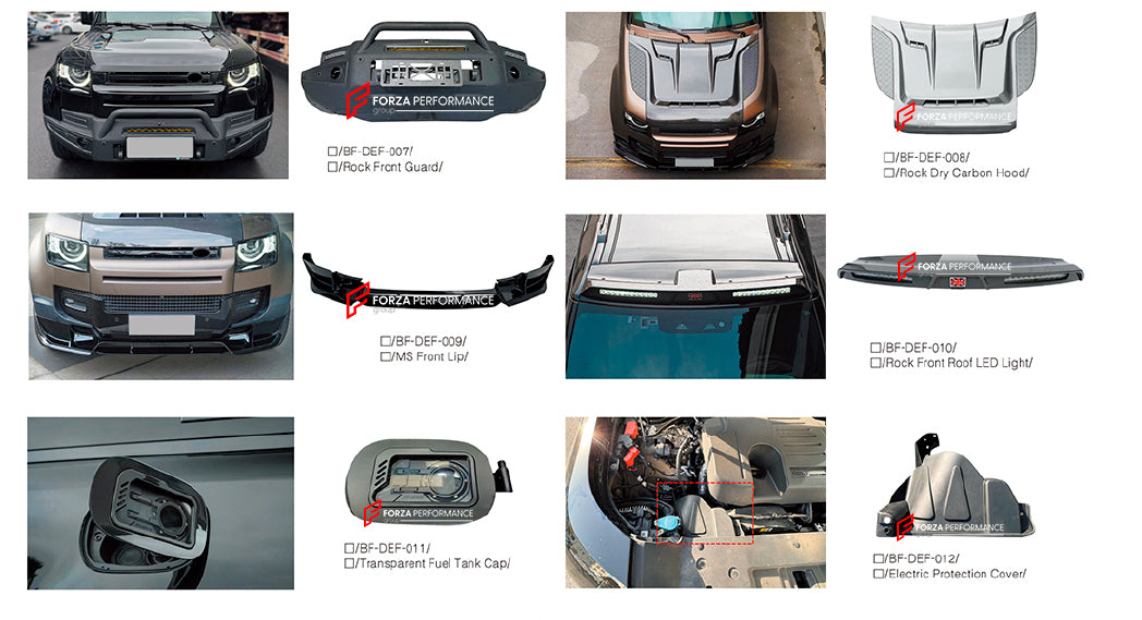 PARTS for LAND ROVER DEFENDER L663 2019+ FRONT BUMPER GUARD FRONT LIP FUEL TANK CAP HOOD ROOF LED DRL BAR ELECTRIC PROTECTION COVER

Set includes:

Front Bumper Guard
Front Lip
Hood/Bonnet ( Dry Carbon )
Roof Led Drl Bar
Electric Protection Cover

Material: Plastic

Note: Professional installation is required.

CONTACT US FOR PRICING

Payment ►
Visa
Mastercard
PayPal with a credit card (add 4.4% at checkout)
Payoneer
Cryptocurrency
Shipment ►
By express DHL/UPS/TNT/FedEx
To the local international airport
S