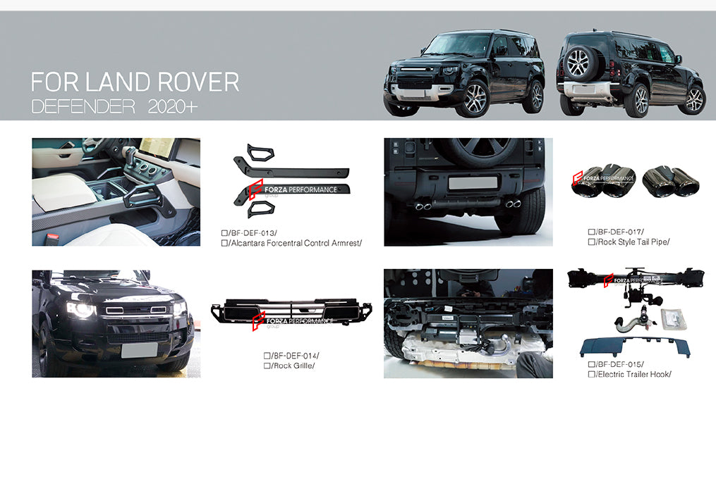 PARTS for LAND ROVER DEFENDER L663 2019+

Parts:

Central Control Armrest ( Alcantara )
Tail Pipes
Front Grille
Electric Trailer Hook

Material: Alcantara, Stainless Steel, Plastic

Note: Professional installation is required.

CONTACT US FOR PRICING

Payment ►
Visa
Mastercard
PayPal with a credit card (add 4.4% at checkout)
Payoneer
Cryptocurrency
Shipment ►
By express DHL/UPS/TNT/FedEx
To the local international airport
Special line by air
Special line by the sea
To Europe and the UK by train

Please let 