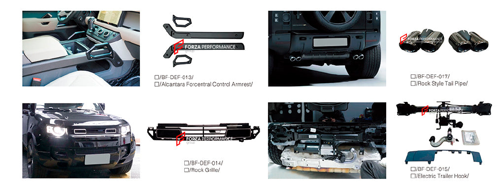 PARTS for LAND ROVER DEFENDER L663 2019+

Parts:

Central Control Armrest ( Alcantara )
Tail Pipes
Front Grille
Electric Trailer Hook

Material: Alcantara, Stainless Steel, Plastic

Note: Professional installation is required.

CONTACT US FOR PRICING

Payment ►
Visa
Mastercard
PayPal with a credit card (add 4.4% at checkout)
Payoneer
Cryptocurrency
Shipment ►
By express DHL/UPS/TNT/FedEx
To the local international airport
Special line by air
Special line by the sea
To Europe and the UK by train

Please let 