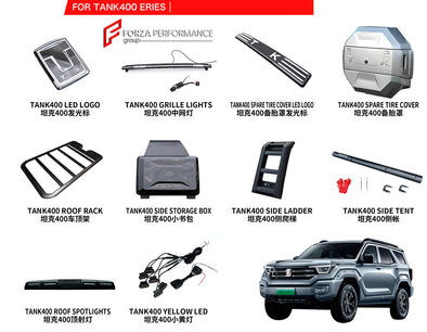 PARTS for TANK 400 SERIES

Set includes:

Roof Rack
Roof Spotlights
Slide Ladder
Side Tent
Spare Tire Cover (+LED Logo)

Side Storage Box
Roof Tool Box

Note: Professional installation is required.

CONTACT US FOR PRICING

Payment ►
Visa
Mastercard
PayPal with a credit card (add 4.4% at checkout)
Payoneer
Cryptocurrency
Shipment ►
By express DHL/UPS/TNT/FedEx
To the local international airport
Special line by air
Special line by the sea
To Europe and the UK by train

Please let us know which shipping option