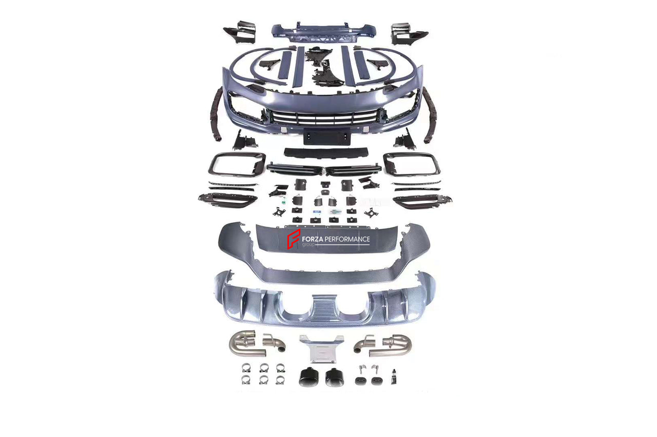 TURBO GT STYLE DRY CARBON BODY KIT for PORSCHE CAYENNE 9Y0 2018 - 2023  Set includes:   Front Bumper Front Vent Covers Side Fenders Side Skirts Wheel Arches Rear Diffuser Exhaust tips with mufflers