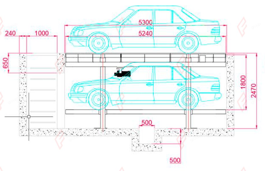 PTP-2 Pit-Mounted Two-Post Garage Parking Lift - In-Ground Car Stacker - apilador de coches / parking pour voiture