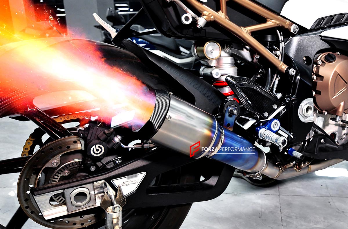 RACING TITANIUM MOTORCYCLE EXHAUST SYSTEM for BMW S1000RR S1000R 2019 - 2024
Set includes:

Header
4-2-1 Merge Collectors
Mid Pipe
Exhaust Slip On Muffler
Material: Titanium

NOTE: Professional installation is required.
Weight: 3.470 kg