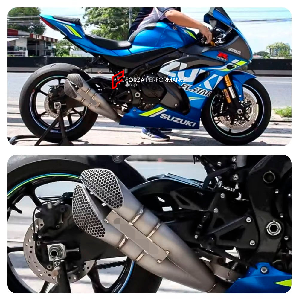 RACING TITANIUM MOTORCYCLE EXHAUST SYSTEM for SUZUKI GSXR 1000 GIXXER 2017 - 2024

Set include:

Header
2-1 Merge Collectors
Mid pipe

Exhaust Slip On

Material: Titanium (can be made in Stainless Steel)

NOTE: Professional installation is required.

FEATURES:

Engineered Digital prototyping using 3D CAD design software, each car model chassis has been 3D laser scanned in the factor
Factory run all test cars on Italian 1200HP Dyno machine, to make the best performance design of exhaust
CNC bending machine a