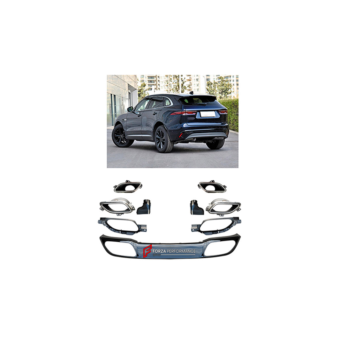 REAR DIFFUSER for Jaguar F-Pace 2020+
Set includes:

Rear Diffuser
Material: Plastic

NOTE: Professional installation is required.

