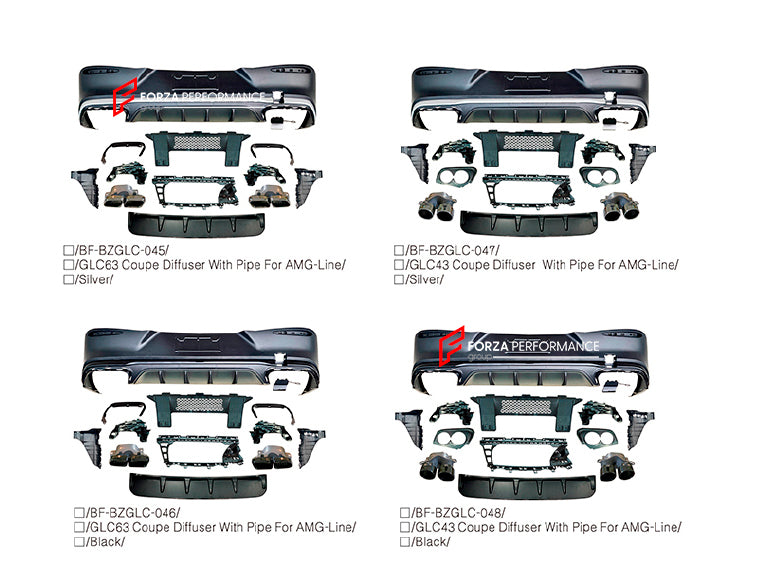 REAR DIFFUSER with EXHAUST TIPS for MERCEDES BENZ GLC COUPE CLASS C254 UPGRADE to AMG C254 GLC43 GLC63 2023+



Set includes:

Rear Diffuser
Exhaust Tips

Material: Plastic

Note: Professional installation is required.

* Each part of this kit can be sent separately. Please contact us if you need a specific part.



Payment ►
Visa
Mastercard
PayPal with a credit card (add 4.4% at checkout)
Payoneer
Cryptocurrency
Shipment ►
By express DHL/UPS/TNT/FedEx
To the local international airport
Special line by air