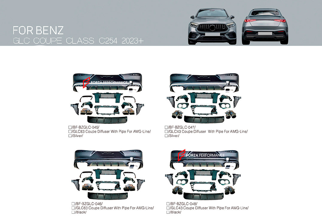 REAR DIFFUSER with EXHAUST TIPS for MERCEDES BENZ GLC COUPE CLASS C254 UPGRADE to AMG C254 GLC43 GLC63 2023+



Set includes:

Rear Diffuser
Exhaust Tips

Material: Plastic

Note: Professional installation is required.

* Each part of this kit can be sent separately. Please contact us if you need a specific part.



Payment ►
Visa
Mastercard
PayPal with a credit card (add 4.4% at checkout)
Payoneer
Cryptocurrency
Shipment ►
By express DHL/UPS/TNT/FedEx
To the local international airport
Special line by air