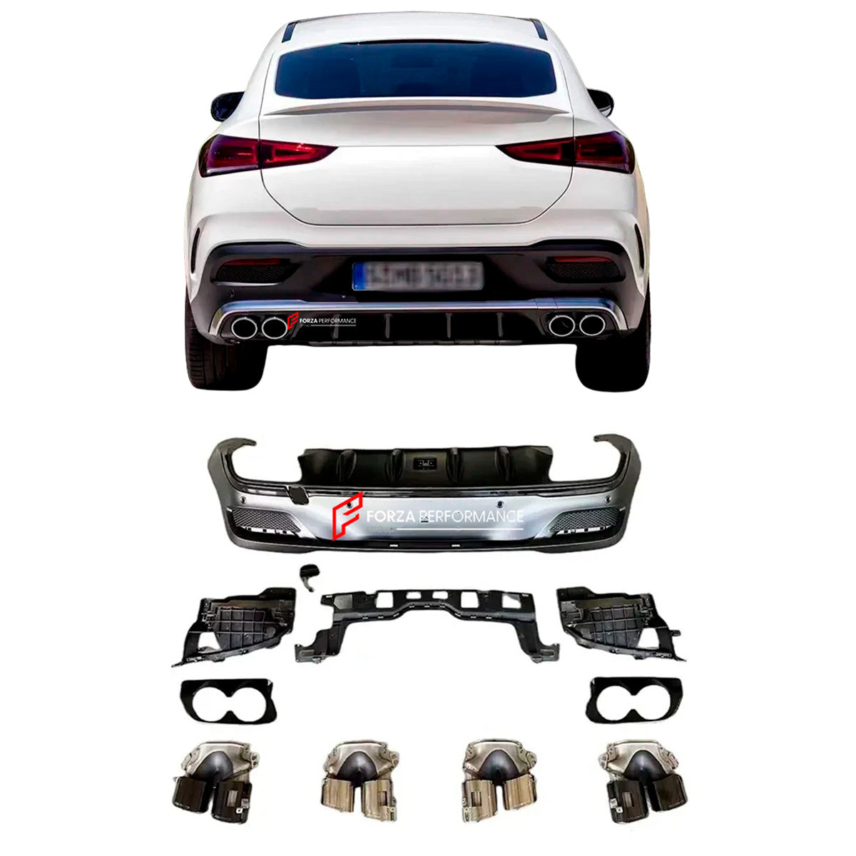 REAR DIFFUSER with EXHAUST TIPS for MERCEDES BENZ GLE 53 COUPE C167 2019+

Set includes:

Rear Diffuser
Exhaust Tips
Brackets

Material: Plastic

Note: Professional installation is required

Important: Black and Silver painted variations are available.